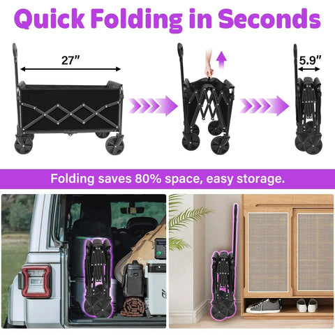 Foldable Wagon Cart with 280 lbs capacity, lightweight 11 lbs, collapsible on wheels with drink holders, folded and stored in car trunk