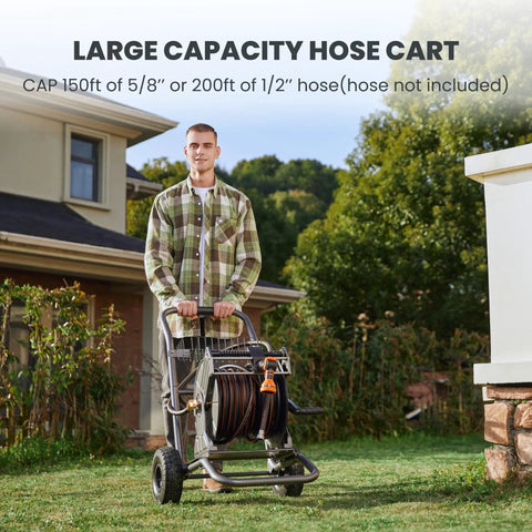Heavy Duty Garden Hose Reel Cart With Wheels, All Weather Metal Frame, 200 Feet Of One Half Inch Hose Capacity Outdoors