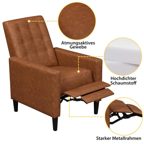 Cozy Faux Leather Recliner Sofa With Adjustable Back And Footrest features brown tufted upholstery and pocket spring support