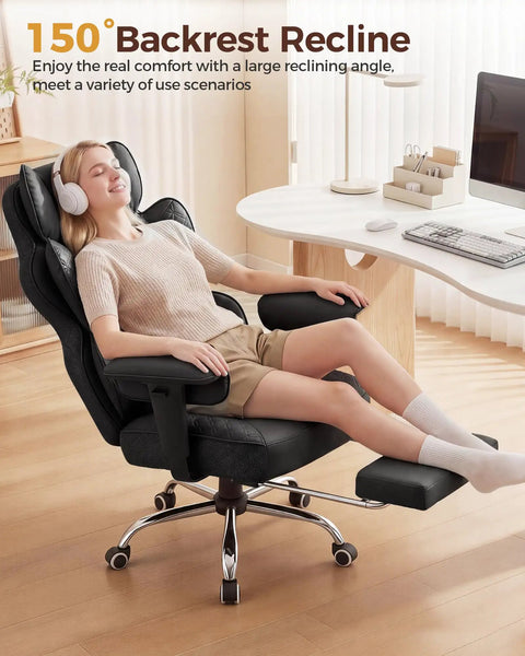 Person reclining in big and tall office chair for heavy duty comfort with deluxe embossed leather, foot rest extended.