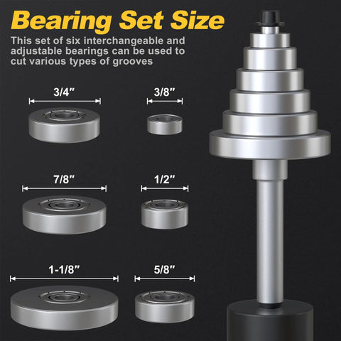 Pro Grade One Quarter Inch Shank Rabbet Router Bit Set With Six Bearings And One And Three Eighths Inch Cutting Diameter YG8 Carbide