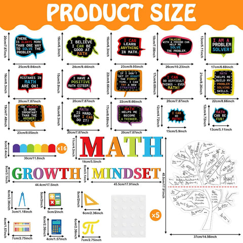 Math Growth Mindset Bulletin Board Set For Classrooms, with number cutouts, border trims, text boxes, and themed letters
