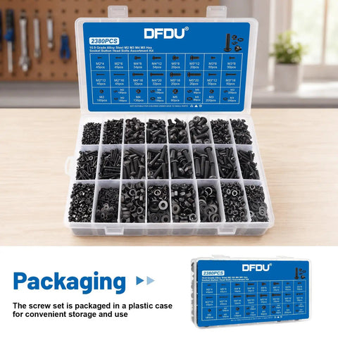 Solid As A Rock Heavy Duty Metric Hex Socket Button Head Screws Assortment Kit Including A Massive 2380 Piece Set organized in a plastic case.