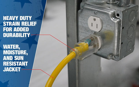 Heavy Duty Outdoor Extension Cord 12 Gauge 100 Feet With Lighted End plugged into outlet showing durability and resistance