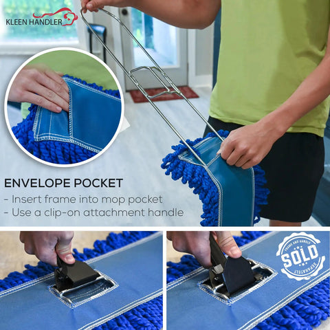 Grab These 24 Inch Microfiber Dust Mop Head Replacements In A Smooth Medium Build As A Heavy Duty 3 Pack That Sweeps The Grit Clean Fast So You Can Kick Back And Relax, showing a mop frame being inserted into the pocket.