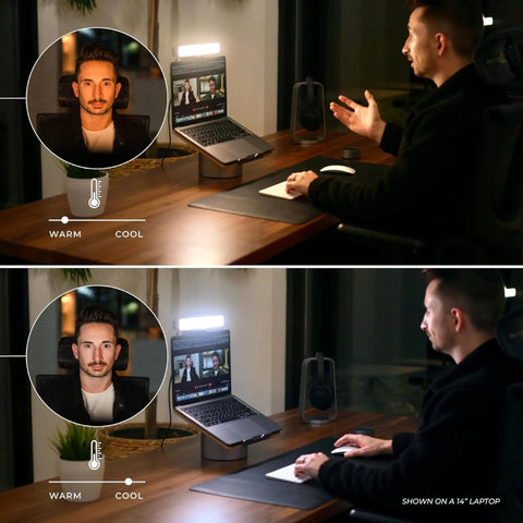 Man using HighBeam Pro Video Conference Lighting Kit For Zoom And Streaming with dual ring light on 14" laptop for meetings.