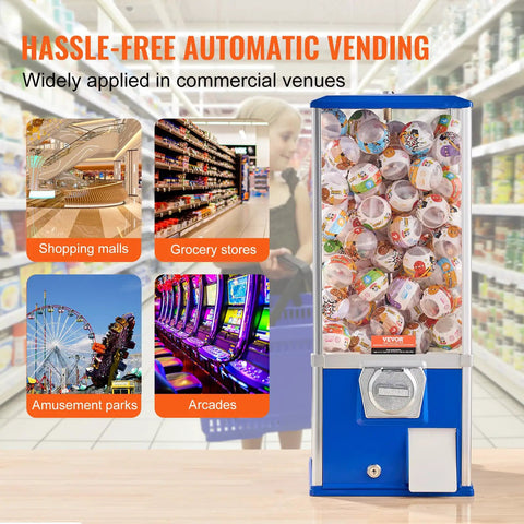 Heavy Duty Coin Operated Gumball Machine For Kids at a grocery store, showcasing colorful capsule toys inside.