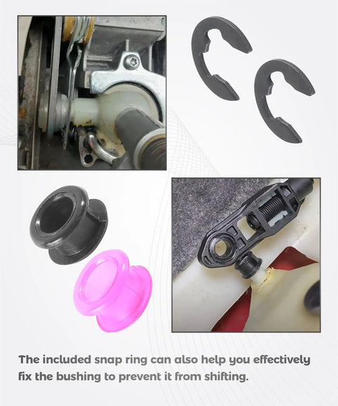 Image of 2PCS Shifter Bushing Kit for Transmission Shift Linkage Replacement, including rubber bushings and metal clips.