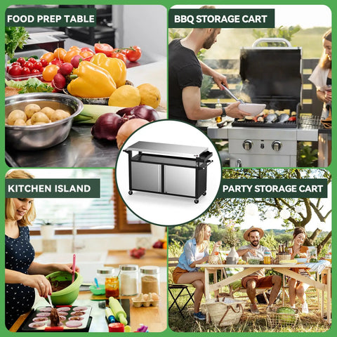 Collage showing Rolling Outdoor Kitchen Island With Stainless Steel Table Top, BBQ Grill Cart, and people grilling and dining.