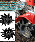 Close-up of Tines and Kick Stand Kit for Mantis Echo Tillers Replacement 1622 Tines and 4333 Stand, attached to a tiller.
