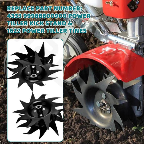 Close-up of Tines and Kick Stand Kit for Mantis Echo Tillers Replacement 1622 Tines and 4333 Stand, attached to a tiller.