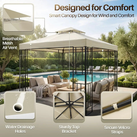 12x12 Ft Gazebo Replacement Canopy Top Double Tier Roof With UV30 Protection Water Dirt Resistant For Outdoor Use Sun Shade Patio Garden Pavilion Ivory Tough Weatherproof And Durable installed by a pool with close-ups of design features.