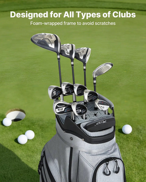 15 Way Top Divider Golf Cart Bag With Full Length Dividers Rain Hood Grip Locking Bottom Silicone Head Protection on golf course