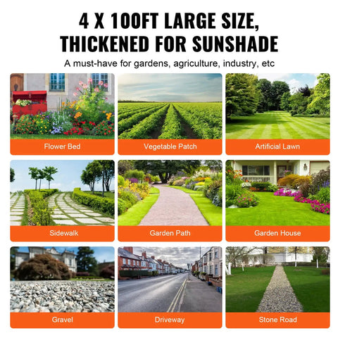 Heavy Duty 4x100 Ft Woven Weed Barrier Landscape Fabric for various outdoor uses including gardens and driveways shown.