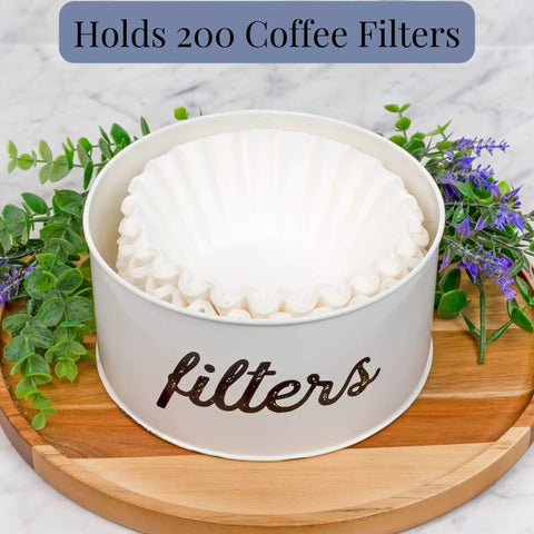 Basket Style White Enamel Coffee Filter Holder with filters, decorative herbs around, The Go To Rustic Farmhouse Distressed Look