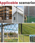 Images showing various applications of fences such as chain link, woven wire, and barbed wire in different environments.