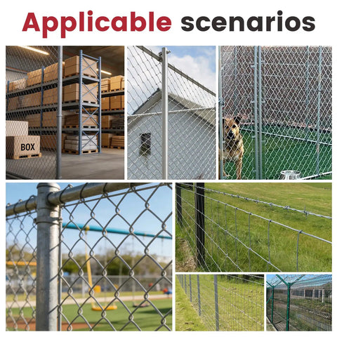Images showing various applications of fences such as chain link, woven wire, and barbed wire in different environments.