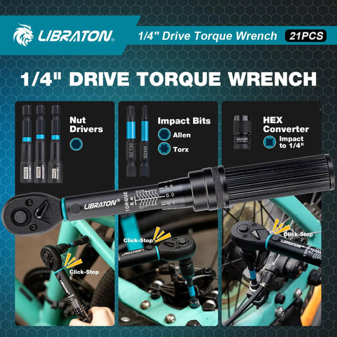 Bike Torque Wrench One Quarter Inch Drive Five To Twenty Five Newton Meters Micro Click Set displayed with bicycles and sockets