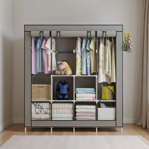 Portable Wardrobe Organizer With Six Roomy Shelves And Four Hanging Sections, Four Side Pockets, Grey Garment Closet System