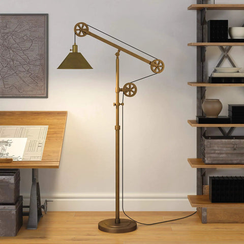 Pulley System Floor Lamp With Ribbed Glass Shade In Blackened Bronze And Clear, Adjustable 70 Inch Tall Lighting in office setting