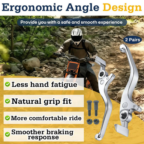 Two Pairs Left And Right Hand Brake Levers Replacement For Soleil01 Electric Dirt Bike E Motorcycle Clutch Levers With Foldable Axle Tough As Nails Built To Take Falls And Keep You Riding Smooth shown with ergonomic angle design and rider in rocky terrain