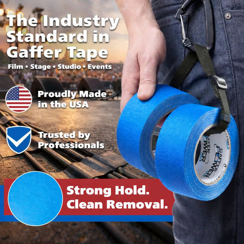 Electric Blue Gaffer Tape 2 Inch By 30 Yards No Residue Made In USA Pro Grade Matte Cloth Tape shown on film set