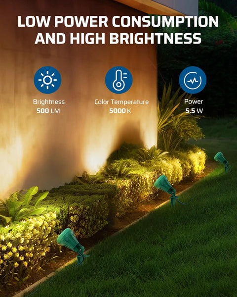 Outdoor LED Spotlight Yard Ready With Three Color Lenses Red Yellow Green, 500LM Waterproof Landscape Lighting illuminating a garden.