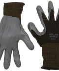12 Pack Atlas 370 Black Nitrile Work Gloves Large Size with grippy comfort, seamless nylon liner, shown palm and back view.