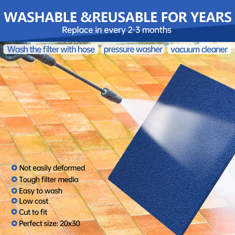 Reusable Air Filter 20x30 for HVAC and RV shown being cleaned with a hose, highlighting washable and reusable benefits