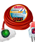 Heavy Duty 50 Foot 10/3 Extension Cord With Triple Tap And Lighted Ends 15 Amp 1875 Watt Power Cable 100 Percent Copper SJTW