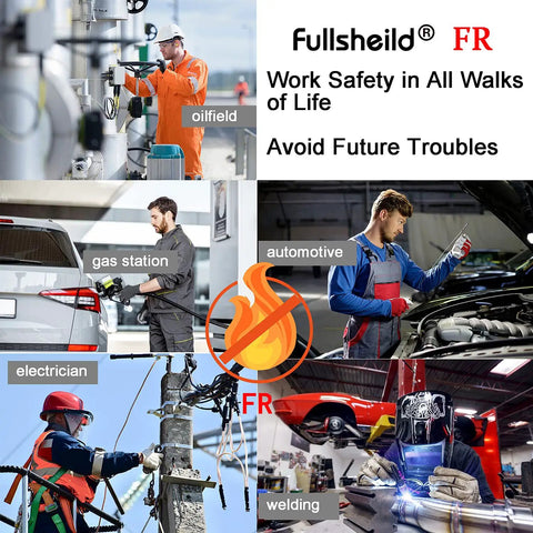 Collage of various workers in protective gear for oilfield, gas station, automotive, electrician, and welding.