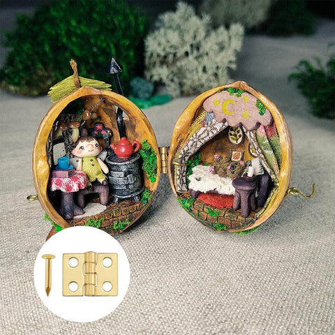 ZIUZI 60Pcs Mini Hinges, 270 Degree Rotation Miniature Furniture Hardware, 10x8mm Gold Tiny Hinges with Mounting Nails for Jewelry Box Closet DIY Accessories displayed next to an open miniature decorative scene.