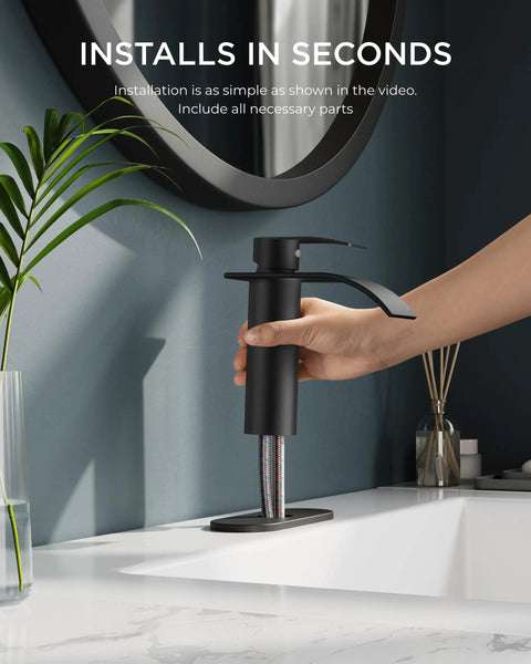 Person installing Waterfall Matte Black Bathroom Faucet DIY Friendly 1 Or 3 Hole Install With Deck Plate, Single Handle Vanity Sink Faucet