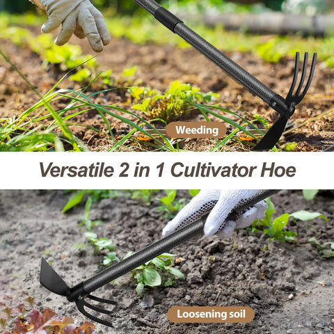 Image of a 45 Inch Long Handle Garden Hoe 2 In 1 Cultivator for weeding and loosening soil in home gardens.