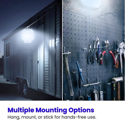 Portable LED Work Light With 360 Degree Rotating Head And Three Brightness Levels 2000 Lumens 1000 Lumens And 500 Lumens Ideal For Workshop Or Garage 25000 Hour Lifetime And Beefy Build illuminating garage and tools