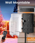 Outdoor Power Stake Timer With Remote Waterproof And Dusk To Dawn Sensor 100 Ft Range 6 Outlets 6 Ft Extension Cord Ideal For Halloween Decorations Holiday Lights And Garden shown wall-mounted near lit tree with remote in hand