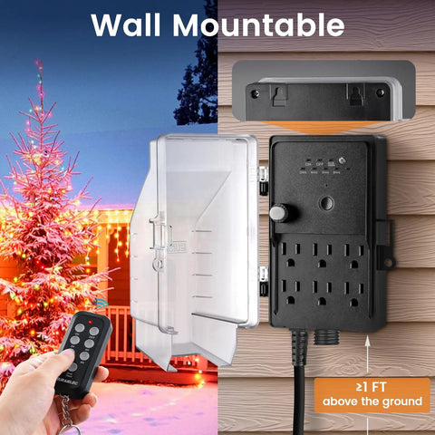 Outdoor Power Stake Timer With Remote Waterproof And Dusk To Dawn Sensor 100 Ft Range 6 Outlets 6 Ft Extension Cord Ideal For Halloween Decorations Holiday Lights And Garden shown wall-mounted near lit tree with remote in hand