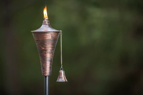 Oahu Tiki Style Outdoor Torches Set Of 4 53 Inch Tall With Snuffer Fiberglass Wick And 16oz Oil Lamp, bronze torch lit outdoors