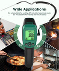 Dual Mode Infrared Thermometer Gun With Laser, Non Contact Digital Thermometer For Cooking, BBQ And Industrial Use shown in various applications, including circuit testing and industrial work
