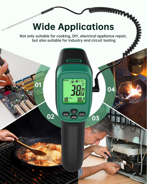 Dual Mode Infrared Thermometer Gun With Laser, Non Contact Digital Thermometer For Cooking, BBQ And Industrial Use shown in various applications, including circuit testing and industrial work