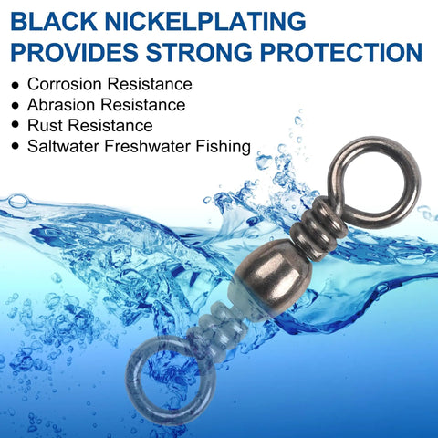 Barrel Swivels Set for Freshwater and Saltwater Fishing, 50/100 Pcs Rolling Ball Swivels With Solid Ring Copper and Stainless Steel, Black Nickel Coated, Heavy Duty Tackle Connector, 35 to 165 Lb Test. black nickel plated swivel with corrosion resistance for freshwater and saltwater fishing