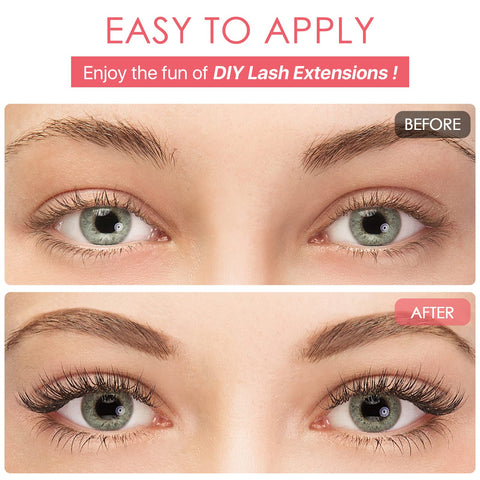 Before and after using Latex Free Lash Glue For Sensitive Eyes With Lash Bond And Seal Kit for flawless long lasting lash extensions.