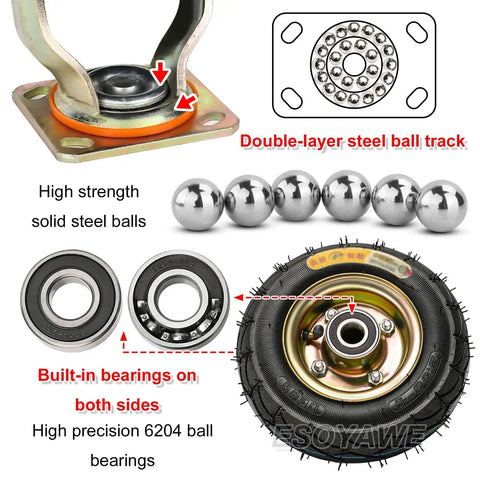 Heavy Duty Pneumatic Rubber Caster Wheels Real Deal Silent Glide Swivel Brake Set Of Four With Mounting Hardware showing steel ball bearings and sturdy tire.