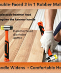 Person using double-faced 2 in 1 rubber mallet from Laminate Wood Flooring Installation Kit With Tapping Block And Handle, Pull Bar, Rubber Mallet, Floor Spacers Set, 12 Pack Upgraded Spacers, Contour Scribe Tool And Gap Fixer For Easy, Precise Vinyl LVP Flooring Install, wearing gloves, on wood floor.
