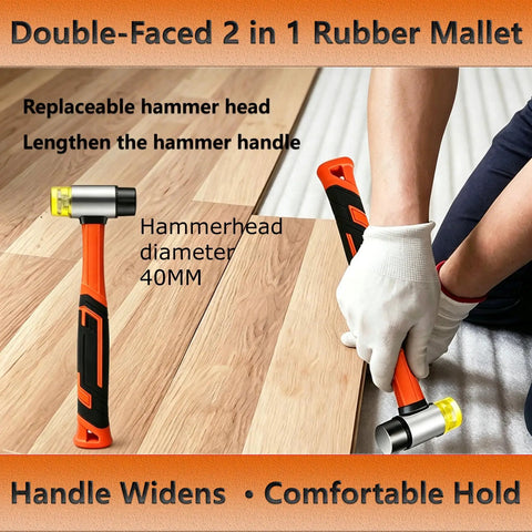 Person using double-faced 2 in 1 rubber mallet from Laminate Wood Flooring Installation Kit With Tapping Block And Handle, Pull Bar, Rubber Mallet, Floor Spacers Set, 12 Pack Upgraded Spacers, Contour Scribe Tool And Gap Fixer For Easy, Precise Vinyl LVP Flooring Install, wearing gloves, on wood floor.