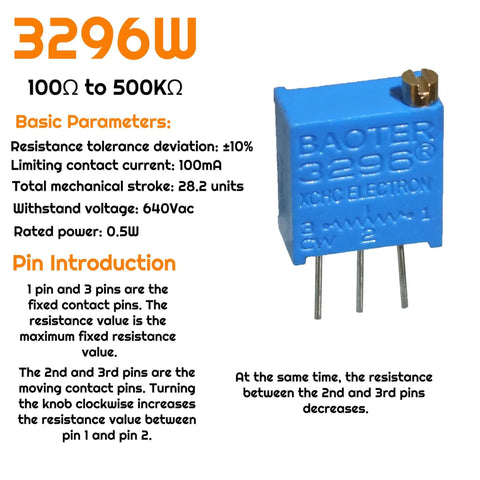 Pro Grade 60Pcs 12 Value 3296W Multiturn Trimmer Potentiometer Kit 100K To 500K for DIY electronics, shown with specs on resistor.