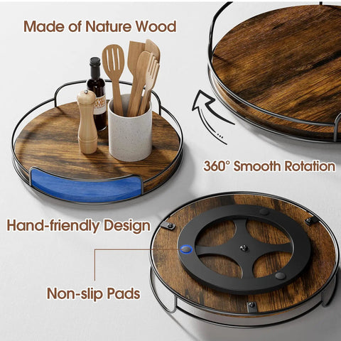 Two Pack 9 Inch And 10 Inch Wooden Lazy Susan Turntables For Tabletop Cabinet Kitchen Pantry And Vanity with non-slip pads and smooth rotation
