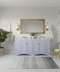 Modern bathroom with dual sinks, large mirror, and Jaida Tub And Shower Trim Kit With Restore Technology in marble shower