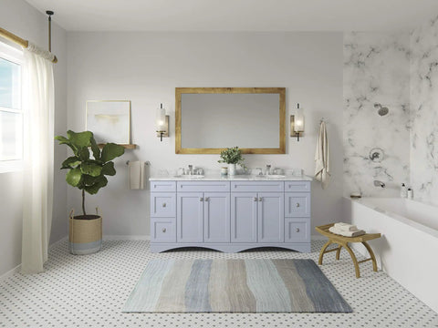 Modern bathroom with dual sinks, large mirror, and Jaida Tub And Shower Trim Kit With Restore Technology in marble shower