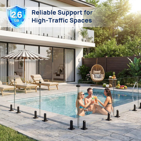 Single Pack Heavy Duty Glass Railing Spigot SS304 Clamp Brackets For Balustrade Stairs Pool Balcony, 200 Lb Load Tested By Intertek, Rock Solid Glass Rail System Level 3 installed around pool.